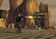 A Rebel Vanguard fires rockets at an AT-ST on Tatooine.