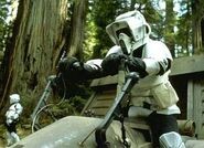 A Scout Trooper gets on a speeder bike on Endor in Return of the Jedi