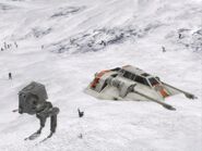 A Snowspeeder flies over a nearby AT-ST.