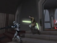 A Clone Trooper about to be slain by a Jedi Padawan.