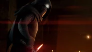 Kylo Ren, masked, with his saber drawn.