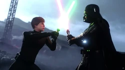 Cinematic capture of Luke Skywalker and Darth Vader clashing sabers on Sullust