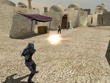 Jango Fett firing a Wrist Rocket