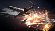 An Imperial star destroyer explodes behind a Rebel X-Wing