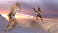 Luke Skywalker force pushes a scout trooper on the Hoth Battles map.