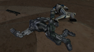 A Super Battle Droid and a Clone Trooper as they appear dead.