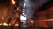 Nien Nunb and two Rebel soldiers fighting in a factory on Sullust.