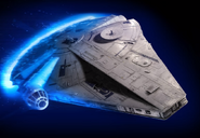 Promotional image featuring Lando and L3-37's Millennium Falcon