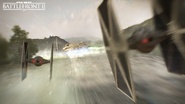 Promotional image of Tie Fighters chasing the Millennium Falcon on Takodana.