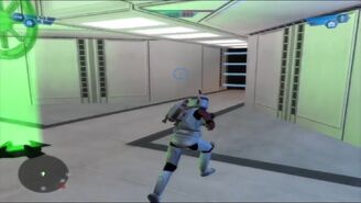 Gameplay of a Jet Trooper in one of the buildings.