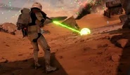 In Star Wars Battlefront, a sand trooper firing off his pulse cannon. This screenshot was taken by Battlefront Updates.