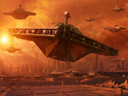 A score of Republic Star Frigates take off from the Republic's dockyard in a sunset on Coruscant.