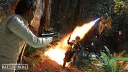 Boba Fett using his Flamethrower against Han Solo and Princess Leia.