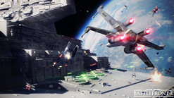 An X-Wing flying into a fight with an Imperial Star Destroyer