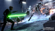Promotional image of Luke Skywalker force pushing snowtroopers on the Hoth map, Rebel Base.