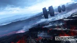 Imperial TIE Fighters flying above the surface of Sullust.