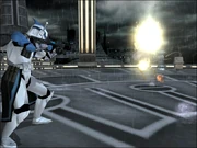 ARC trooper blasting a B1 Battle Droid to pieces