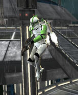 A Clone Anti-trooper flying into battle on Kamino.