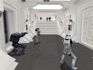 A B2, and 3 Imperial Stormtroopers fighting the Rebel Alliance and the 514th Katarn in the The Exile's Voyage mod.