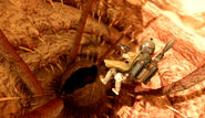 Boba Fett flying above a sarlacc pit.