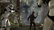 Promotional image of Han Solo and stormtroopers on Forest Moon of Endor