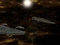 A beautiful space battle between an Imperial Star Destroyer (accompanied by it's frigates) and a Mon Calamari Cruiser.