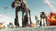 Promotional material of AT-M6 walkers and stormtroopers on Crait.