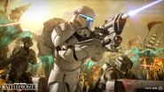 Promotional image of two 41st Scouts flanking a Clone Commando on Felucia