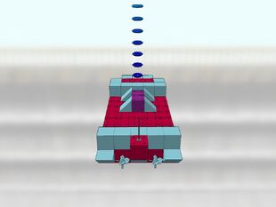 Pic 2 Directions: red is ballast, blue is hull, purple is where torpedo tube should be located, if no torpedo tube put 1 heavy ballast in midsection and 1 normal ballast directly in front of that. THE FLAGPOLE ON FRONT IS NECECCARY !!!( continue to pic 3)