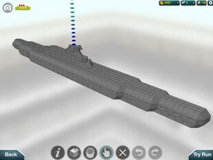 My second submarine that can stay underwater forever without the use of extra propellers on top. Currently armed with 12 underwater torpedo tubes, but will have more covering the entire top, replacing the armor.