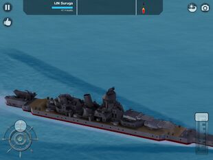 IJN Suruga. A Japanese French-style fast battleship with a considerably large AA battery. This is one of my (Lagoe) realistic designs. It has limited capabilities, obviously, but it can still beat most drills, but who cares - it looks amazing! It is in a class of two; itself and the grim fated IJN Iwashiro. Read about my little role play below and to the right of this.