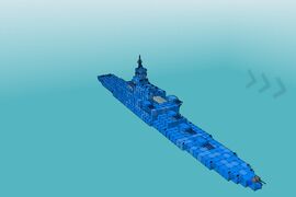 this is my super battle ship it has over 14,000 damage ,8,500 toughness and a stability of over 150!It holds a fleet of 16 planes and is hard to spot from far away in the water due to the camo, it can go up to 194.4 knots it is really a great vessel.Still working on it just wanted to show of how it was doing!