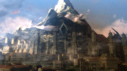 A shot of the city, cathedral and mountain after the battle