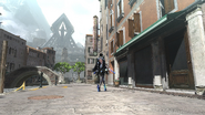 Bayonetta walking down a street with the Cathedral of Cascades in the background