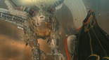 A faceless Fortitudo speaking to Bayonetta.