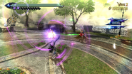 Bayonetta using Enrapture's staff to steal magic and health from an enemy