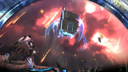 Loptr uses hands made from blue energy to throw the remains of Umbra Clock Tower at Bayonetta