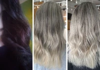 Blonding Stages: Pre (½ Virgin and ½ Old Colouring)/Transition (Ombré Smoky)/Final (Ombré Platinum)