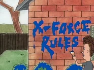 Butt-Head painting "X-Force Rules" on the wall of Mr. Anderson house.