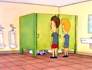 Beavis and Butt-Head waiting for Stewart outside the toilet.