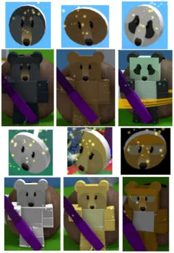 Bear morph tokens (first and third row); players with a Bear Morph active (Black Bear, Brown Bear, Panda Bear, Polar Bear, Science Bear, and Mother Bear).