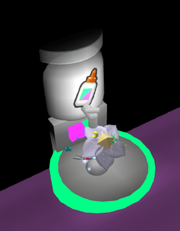 A player under the bottom platform of the Glue Dispenser.