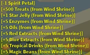 The rewards from donating a Spirit Petal to the Wind Shrine.