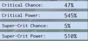The Critical Chance, Critical Power, Super-Crit Chance, and Super-Crit Power stats in the System Page.