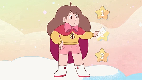 Bee (from the YouTube webseries Bee and Puppycat), in a pastel cloudy world with a red cape, curiously pressing two star-shaped buttons (as if this is a video game interface she's breaching the fourth wall of, there are three numbered buttons in total), switching between her feminine self and her masculine self (Bird)