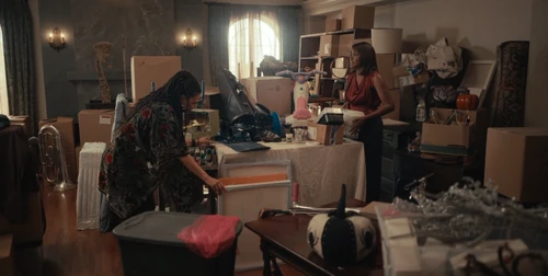 Vivian and Joan look through paintings