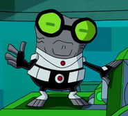 Driba wearing green-tinted goggles with black rims