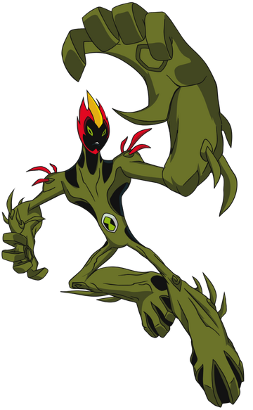 Art style of a fiery yellow alien with transparent body