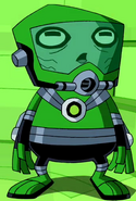 Driba in a protective green suit