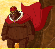 Yawk's wooden form wearing a crown and cape